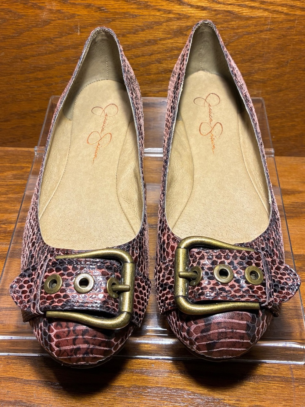 Y2K Jessica Simpson Big Buckle Snake Embossed Leather Flats Burgundy Size 8.5
